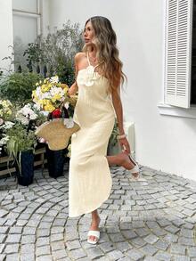 SHEIN LUNE Đầm cổ yếm họa tiết hoa 3D cỡ lớn dành cho kỳ nghỉ hè - Màu be - Xem 2