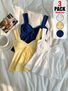 SHEIN EZwear 三件套 白色、米黄色、藏蓝色 夏季休闲女式抽绳吊带背心，户外穿着，度假休闲，可爱夏日上衣，修身性感，街头风，适合度假、音乐节、上学、海岛等场合，时尚百搭，也是送给朋友的绝佳礼物 - 彩色 - 查看 11