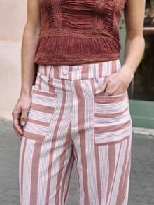 Striped Wide-Leg Pants With Front Patch Pockets And Belt Loops, Medium Rise And Lightweight Fabric For Summer. Perfect For Summer, Pool Party, Beachwear, Summer Outfit, Music Festival. - Multicolor - View 5