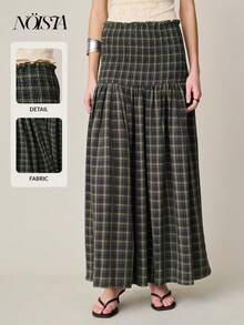 Nöista 中长格纹半身裙，高腰设计，腰部采用褶皱缝线，绿黑格纹。适合春夏休闲穿着。 - 綠色 - 查看 7