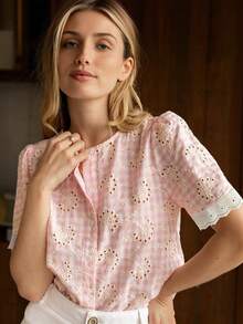GlowEve CURVE Women's Blush Pink Summer Elegant Formal Tea Party Blouse,Sweet Openwork Short-Sleeved Shirt With Lace Trim Neckline,Relaxed Fit For Dates Beach - Pink - View 7