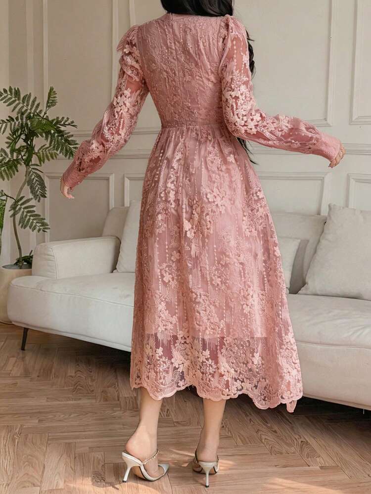 Women's Elegant Lace V-Neck Petal Sleeve Midi Dress, Spring/Summer Sun Dresses For Women