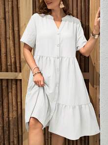 EMERY ROSE Plus Size Casual Solid Color Button Front Dress - White - View 3