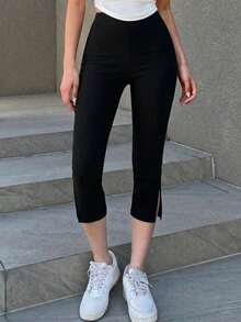 DAZY Women's Solid Color Casual Versatile Skinny Capri Pants With Slit Fall,Winter School - Black - View 10