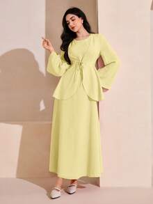 Graceveil 女士纯色时尚系带腰身不对称下摆无袖连衣裙，搭配优雅两件套 - 黃色 - 查看 5