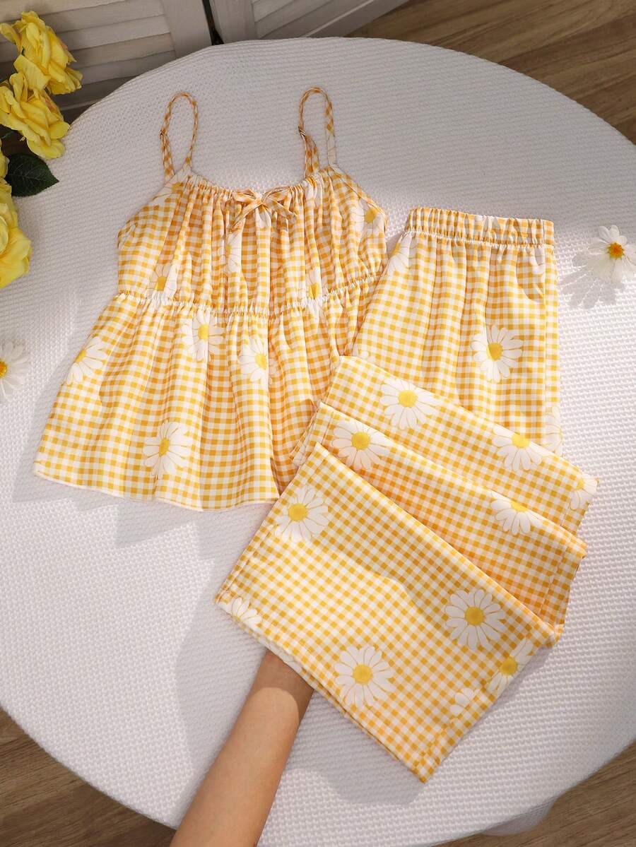 Tween Girl Daisy Pattern Plaid Print Bow Tie Camisole And Casual Pants Set - Yellow - View 1