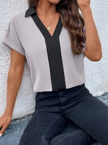 EMERY ROSE Women's V-Neck Color Block Casual Versatile Daily Wear Shirt - Grey - View 3