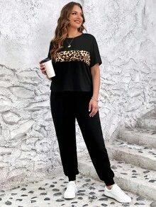 SHEIN LUNE Plus Size Women Leopard Print Short Sleeve T-Shirt And Pants Casual 2 Piece Set Tracksuit Co Ord Outfit For - Black - View 5