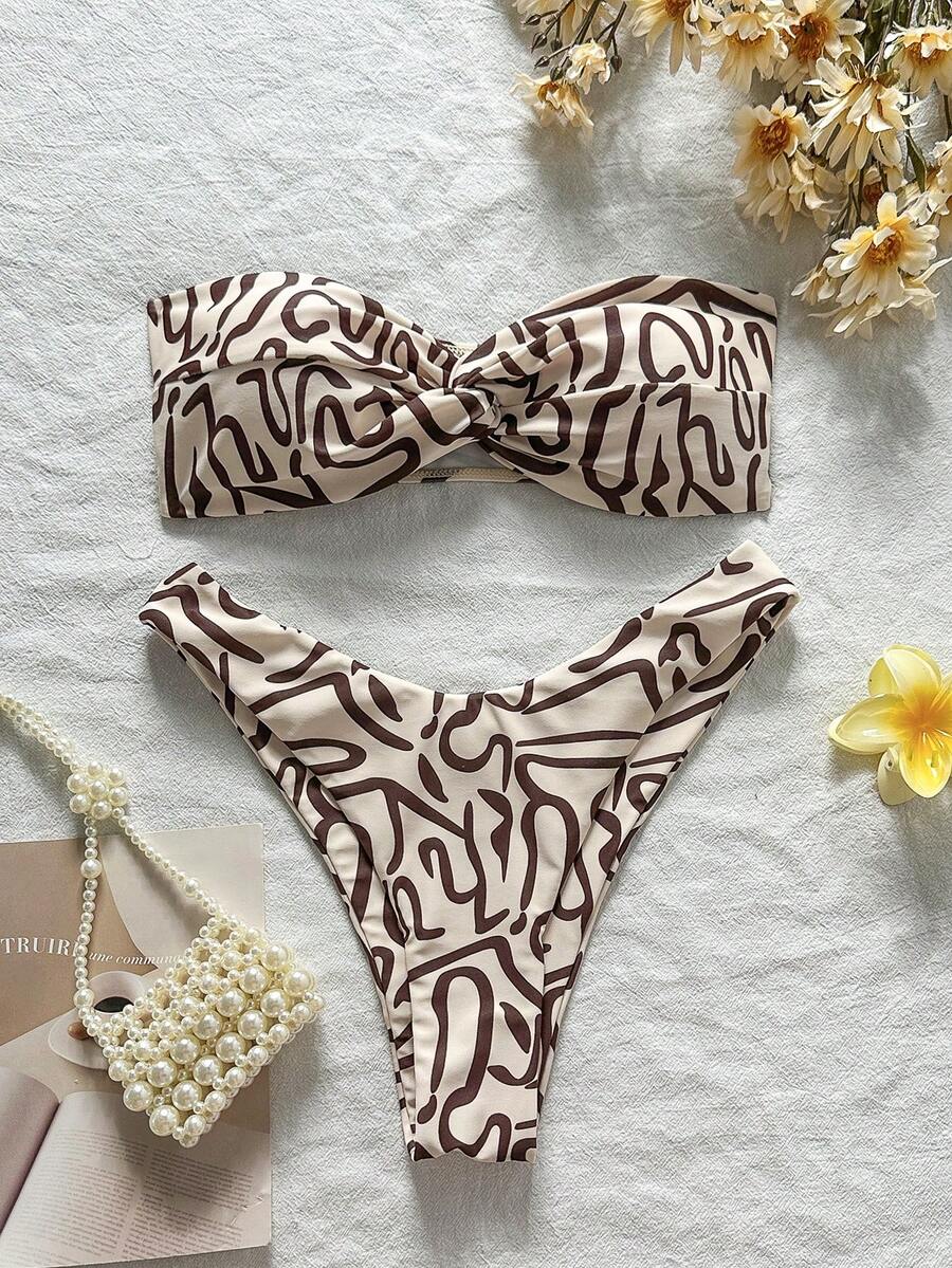 Swim Mod Multicolor Sleeveless Textured Pattern Bandeau Bikini Set For Women High Cut Swimwear Short Length - Multicolor - View 1
