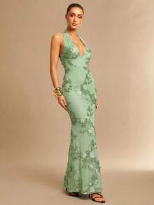 Silquee 春夏深V领露背3D刺绣花卉鱼尾修身性感优雅连衣裙，适合约会、外出、夜店、派对、鸡尾酒会等场合。 - 薄荷綠 - 查看 7