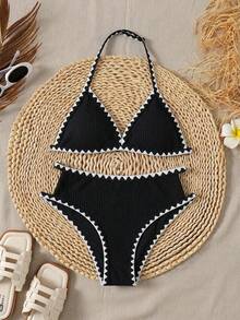SHEIN Tween Girl Fitted Casual Minimalist Comfortable Textured Fabric Swimsuit Set - Black and White - View 1