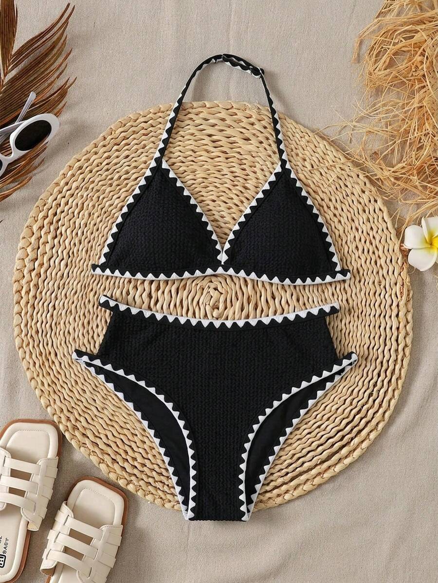 SHEIN Tween Girl Fitted Casual Minimalist Comfortable Textured Fabric Swimsuit Set - Black and White - View 1