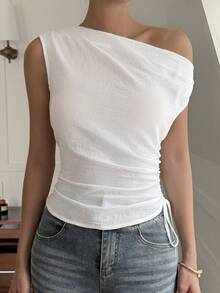DAZY Áo kiểu nữ thanh lịch, thoải mái, lệch vai, thích hợp cho mùa xuân hè và trang phục đi nghỉ mát. - Màu be - Xem 3