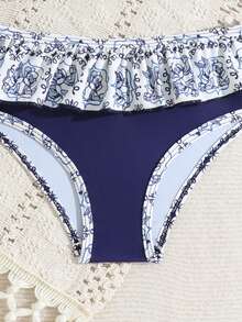 LOONEY TUNES X SHEIN GraphicGems Young Girl Cute Ruffled Asymmetric Adjustable Strap Ruffled Hem Cute Series Triangle Bikini Swimsuit Set - Multicolor - View 5