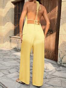 SHEIN Maternity Vacation Solid Color Halter Neck Tank Top And Adjustable Waist Loose Pants 2 Pieces Set - Yellow - View 2