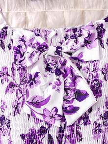 Sparklyn Girls' Allover Print Jumpsuit With Square Collar And Puff Sleeves, Summer Vacation Style - Purple - View 4