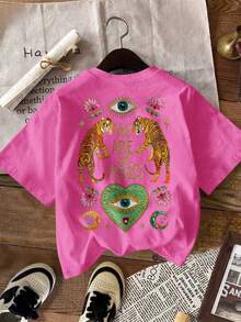 DrmWander Women's Graphic T-Shirt, Casual Street Style Short Sleeve Tee, Cute Summer Top - Hot Pink - View 3