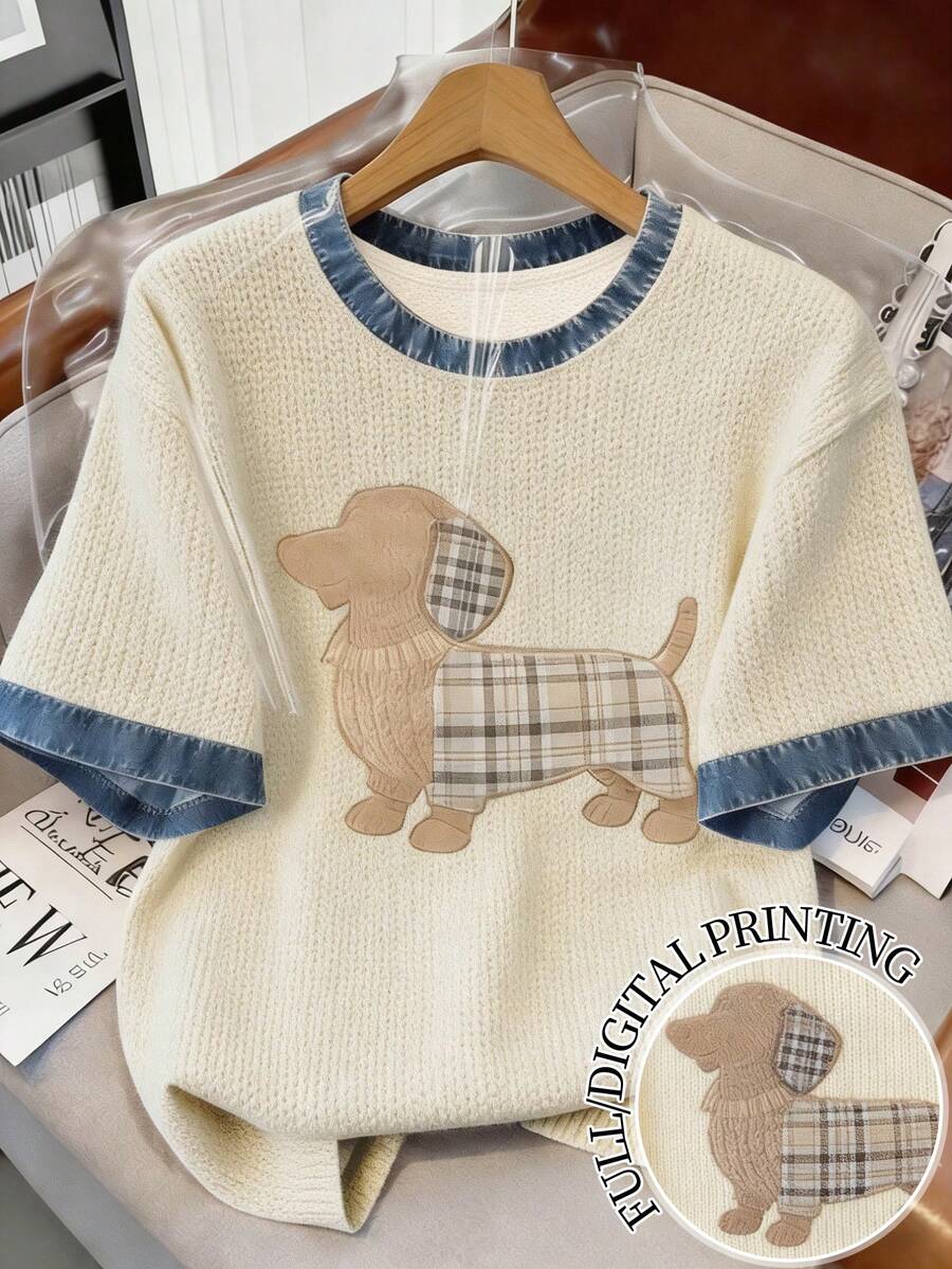 Franclia Áo thun nữ in hình chó hoạt hình / Kiểu dáng denim / Trang phục thường ngày / Mùa hè - Nhiều màu - Xem 1