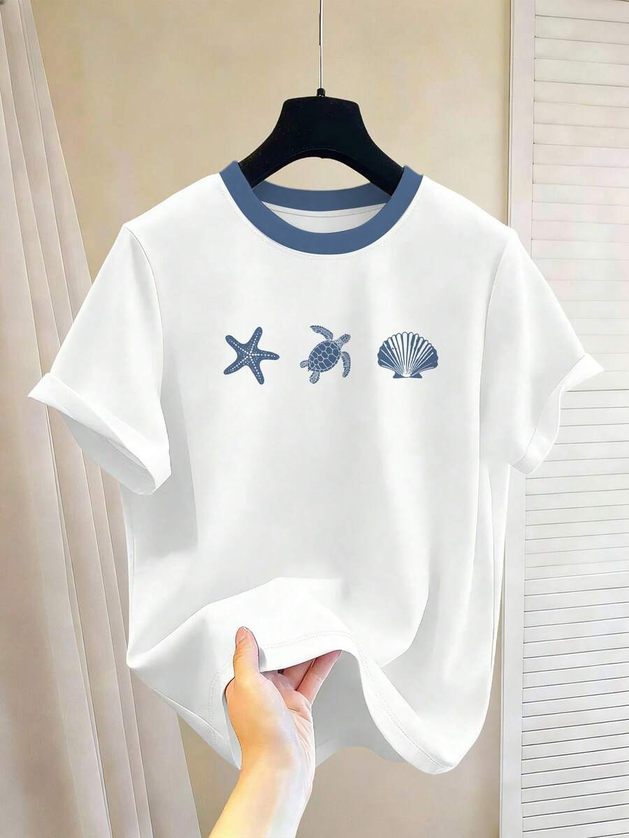 Manfinity Hypemode Camiseta de hombre con elementos de verano y océano, estampado de estrella de mar con color de contraste en manga corta, casual y versátil - Multicolor - Ver 1