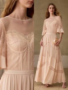 MOTF PREMIUM WOMEN'S ROMANTIC ELEGANT LACE PATCHWORK A-LINE RUFFLE SLEEVE DRESS - Beige - View 9