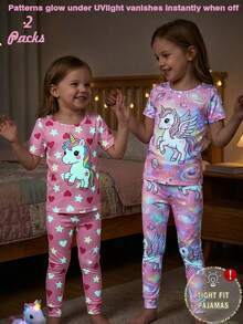 一套女童夜光可爱独角兽印花针织圆领短袖紧身休闲舒适睡衣套装 - 粉色 - 查看 4