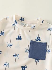 SHEIN Bộ đồ mùa hè thường ngày cho bé trai, gồm áo thun và quần short in hình cây dừa, có túi. - Nhiều màu - Xem 3