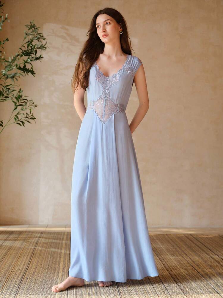 LACE PATCHWORK HOLLOW OUT TIE-UP LONG NIGHTGOWN, SPRING & SUMMER
