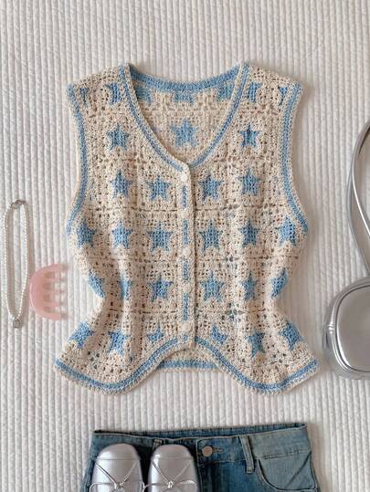 CovetEZ Áo len nữ cổ chữ V họa tiết ngôi sao năm cánh, cài một hàng khuy, kiểu dáng thường ngày, đa năng.