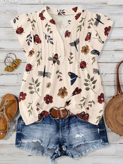 SHEIN LUNE CURVE Plus Size Versatile Printed Notch Collar Casual Shirt Women Blouses Summer Short Sleeve Summer Tops Floral Blouse Women Short Sleeve Blouses Summer Casual Tops