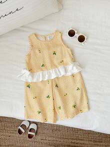 SHEIN 2pcs/Set Baby Girl Casual Cute Vacation Yellow Plaid Ruffle Trim Camisole And Elastic Waist Pants Set - Multicolor - View 8