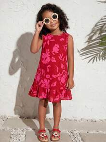 SHEIN 少女无袖碎花休闲度假连衣裙，夏季 - 紅色 - 查看 1