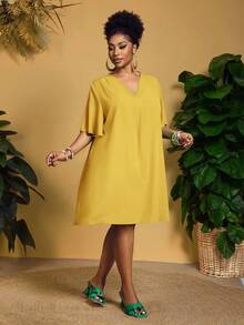 Slaydiva Nuevo vestido casual/de negocios casual elegante de Pascua/Occidental para mujer con mangas cortas, cuello en V de gasa, mangas sueltas con volantes - Amarillo - Ver 4