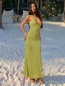 SHEIN ICON Sexy Semi-Sheer Rhinestone Backless Long Dress For Women - Lime Green - View 7