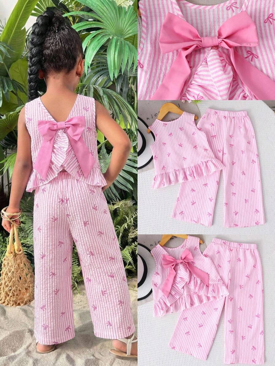 Young Girl Summer Vacation Chiffon Pink Striped Bow Decor Round Neck Casual Camisole And Long Pants 2-Piece Set - Pink - View 1