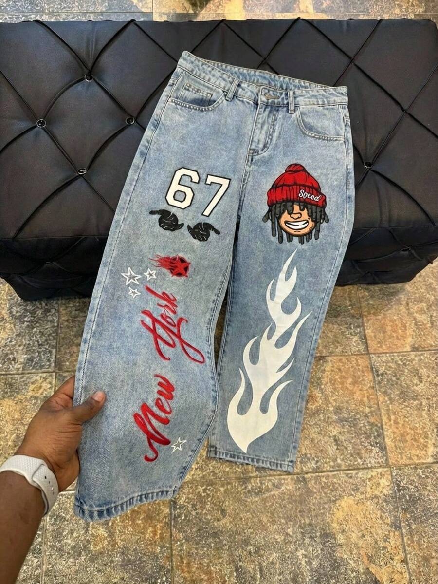 SHEIN 青少年男孩時尚返校街頭風混搭百搭設計 Y2k 街頭風 6-7 款大膽圖案彩色印花丹寧滾邊舒適寬鬆牛仔褲 兒童青少年男孩日常穿搭 春夏電音節慶街頭風 - 藍色 - 查看 1