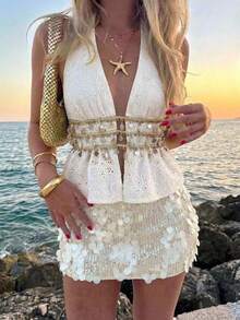 Aloruh Áo croptop gợi cảm cổ yếm viền sequin cổ chữ V sâu dành cho nữ, thích hợp cho kỳ nghỉ. - Màu be - Xem 5