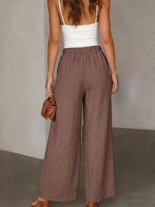 Pariaura Brown Textured Wide-Leg Pants With Front Pleats & Elastic Back Waist - Coffee Brown - View 2