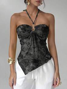 Aloruh 女士褶皱不对称下摆露背复古佩斯利印花吊带背心，适合夏季海滩度假、波西米亚音乐节、乡村音乐会、伊比沙岛、纳什维尔、西部牛仔风、波西米亚街头风、热带风情，可爱夏日上衣 - 深灰色 - 查看 5