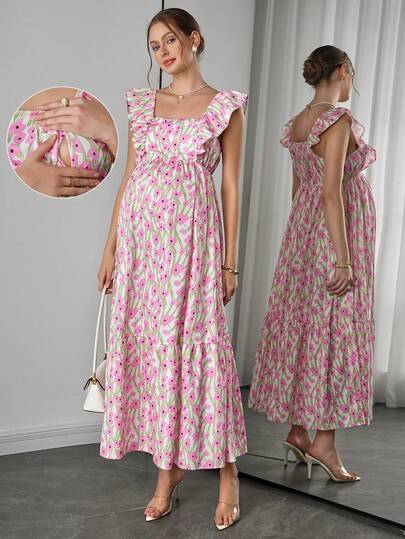 Momance 夏季新款时尚桃花海草印花方领高腰荷叶边下摆无袖哺乳连衣裙