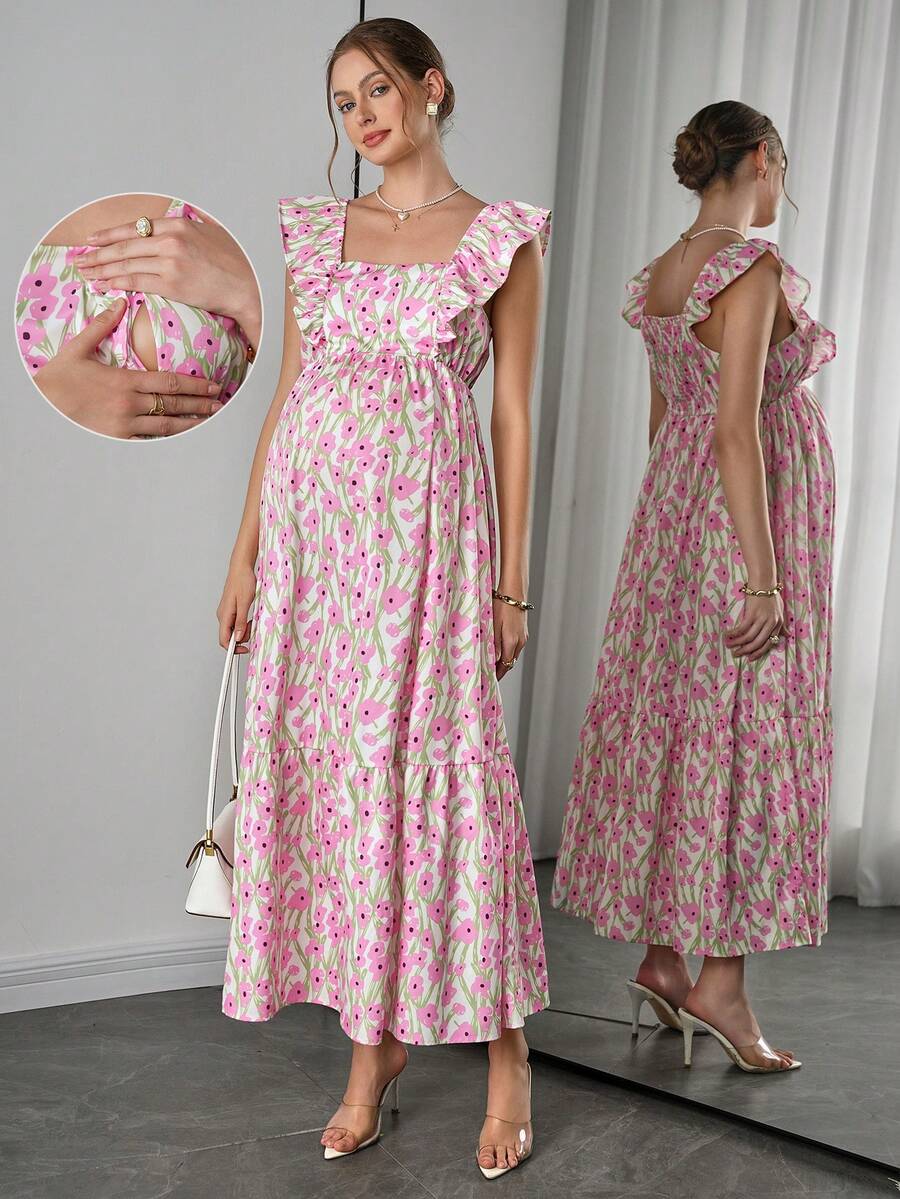 Momance 夏季新款时尚桃花海草印花方领高腰荷叶边下摆无袖哺乳连衣裙 - 彩色 - 查看 1