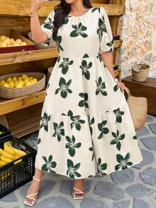 Vionelle Plus Size Dark Green Floral Print Midi Dress,Elegant Summer Vacation Holiday Pure Cotton Round Neck Puff Sleeve Cinched Waist Ruffle Hem Maxi Dress - Green - View 4