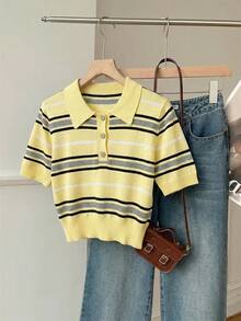 SHEIN EZwear 女士条纹纽扣半开襟短袖针织上衣 - 鵝黃色 - 查看 5