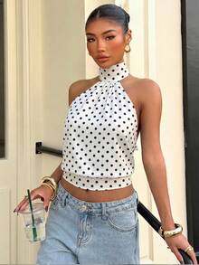 Muchica White Polka Dot Print Summer Women's High Neck Zipper Knit Camisole, Sleeveless, Minimalist Casual, Versatile For Daily Commute Halter Top Crop Dots - Multicolor - View 5