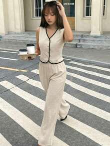 SHEIN Teen Girls V-Neck Contrast Trim Sleeveless T-Shirt And Solid Color Wide Leg Pants Casual Suit Chic Summer Outfit - Apricot - View 2