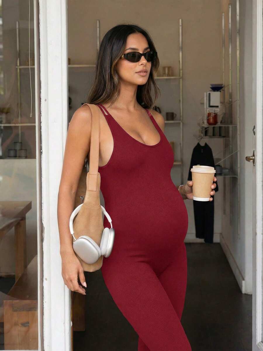SHEIN Maternity Solid Color Sports Camisole Jumpsuit,Word Cup - Burgundy - View 1