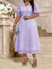 Fleurora Plus Size Women V-Neck Short Petal Sleeve Elegant Cutout Dress Dresses For Special Occasions Wedding Outfits For Women For Women Wedding Guest Elegant Dresses For Women Wedding Dresses For Women Wedding Dresses For Guests Elegant Ceremony Dresses Birthday Dress - Mauve Purple - View 3