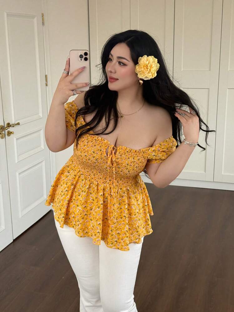 Vibekara Blusa de talla grande con hombros descubiertos, cintura ajustada y estampado floral diminuto - Amarillo - Añade 7