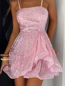 MainGRL Váy công chúa màu hồng hai dây đính sequin - Hồng - Xem 5