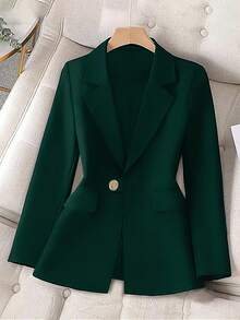 GlowEve CURVE Plus Size Casual Single-Breasted Notched Lapel Blazer Jacket, Autumn - Dark Green - View 4