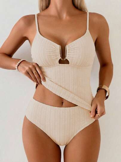 Swim Chiccia Top de bikini de mujer con textura de tela de unicolor y decoración de metal para vacaciones en la playa